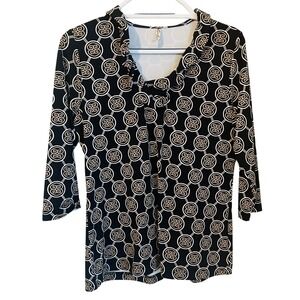 Lulu-B Size M UPF 50 Ruffle Neck 3/4 Sleeve Stretch Top Black Tan White Print